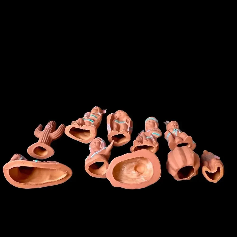 Vintage 10 Pc Native American Style Terracotta Nativity Set Southwest Folk Art